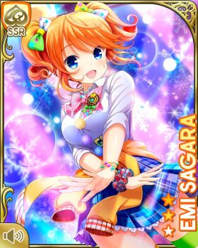 1girl blue_eyes bow bowtie button card_(medium) character_name dancing girlfriend_(kari) hair_ornament looking_at_viewer multicolored_background multicolored_bow night official_art open_mouth orange_hair orange_sweater pink_bow plaid_clothes plaid_skirt qp:flapper ribbon sagara_emi school_uniform scrunchie shoes skirt snowflakes socks solo standing sweater tagme tied_sweater twintails