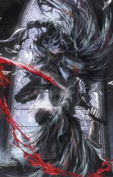 1boy 1girl black_hat bleeding blood blood_on_clothes bloodborne bloody_crow_of_cainhurst cape commentary dagger dual_wielding eileen_the_crow english_commentary fur_cape hat highres holding holding_dagger holding_knife holding_sword holding_weapon knife mask midair sword weapon window yujia0412