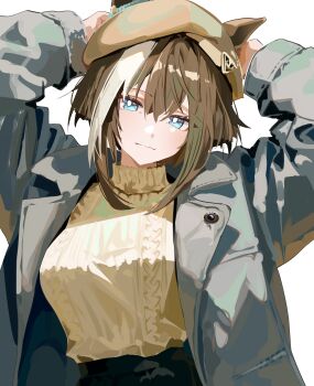 Rule 34 | 1girl, absurdres, animal ears, arms up, black skirt, blue eyes, blush, breasts, brown hair, brown hat, cheval grand (umamusume), closed mouth, coat, commentary request, ears through headwear, grey coat, grey jacket, hair between eyes, hat, highres, horse ears, horse girl, jacket, long hair, long sleeves, looking at viewer, medium breasts, multicolored hair, open clothes, open coat, simple background, skirt, solo, streaked hair, sweater, umamusume, white hair, white sweater, yoojp