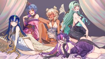 5girls absurdres ahoge alias_anono alias_anono_(2nd_costume) alternate_costume ao_wuwu aqua_hair arm_behind_back armpit_crease babydoll bare_shoulders barefoot black_bow black_nightgown black_scales black_streaks blonde_hair blue_eyes blue_hair blunt_bangs blush bow braid breasts camisole choker claws cleavage clothing_cutout colored_inner_hair colored_skin commentary cross-laced_clothes dark-skinned_female dark_skin double_bun dragon_girl dress drill_hair drill_ponytail drill_sidelocks earrings empire_waist english_commentary eyeshadow fake_claws fang feet_out_of_frame finger_to_cheek fins fish_girl fish_tail floral_print floral_print_kimono flower frilled_dress frilled_headband frills full_body ghost_girl glasses gold_claws gradient_hair green_camisole green_hair green_nails grey-framed_eyewear grey_hair hair_bow hair_bun hair_flower hair_ornament hand_on_ground hand_on_own_cheek hand_on_own_face hand_on_own_thigh hand_up hands_on_ground head_fins heterochromia high_side_ponytail highleg highleg_dress highres horns indoors japanese_clothes jewelry kimono knee_up kneeling koi komo_dokueki large_breasts leg_up lizard_tail long_hair long_sleeves looking_at_viewer lotus_hair_ornament low_wings lying makeup medium_breasts medium_hair messy_hair multicolored_hair multicolored_tail multicolored_wings multiple_girls nightgown no_panties obi obijime official_alternate_hairstyle on_bed on_side one_side_up open_clothes open_kimono open_mouth orange_bow orange_skirt orange_streaks pink_eyes pink_hair pink_kimono pink_streaks pointy_ears print_kimono purple_choker purple_eyes purple_hair purple_nails purple_nightgown red_eyes red_eyeshadow reptile_girl ryushi_(yushi) sash scales see-through_clothes see-through_dress see-through_sleeves semi-rimless_eyewear serina_maiko sharp_teeth side_ponytail side_slit sideboob sidelocks simple_background single_horn sitting skirt sleepwear sleeveless small_breasts spaghetti_strap strap streaked_hair swept_bangs tail tail_raised teeth thighs tongue tongue_out upper_teeth_only v4mirai very_long_hair virtual_youtuber wariza white_babydoll white_background white_wings wings yae_yugiri yellow_eyes yellow_wings