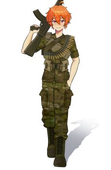 Rule 34 | absurdres, ammunition, ammunition belt, belt pouch, boots, brown boots, camouflage, camouflage jacket, camouflage pants, closed mouth, commentary, damtheriver, english commentary, freckles, full body, gun, hair between eyes, hand in pocket, highres, holding, holding weapon, invisible floor, jacket, looking at viewer, orange hair, original, pants, pouch, purple eyes, rifle, rifle cartridge, shadow, short hair, shoulder belt, simple background, smile, solo, standing, weapon, white background