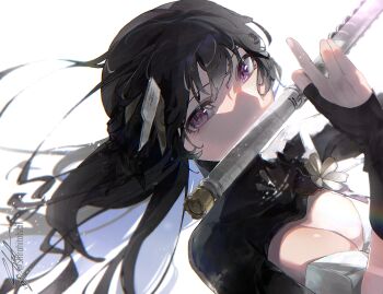 1girl black_hair black_shrug blue_hair breasts cleavage colored_inner_hair commentary english_commentary flute headgear highres hiro_henuri holding holding_flute holding_instrument instrument long_hair looking_at_viewer medium_breasts multicolored_hair punishing:_gray_raven purple_eyes selena:_capriccio_(pgr) selena_(pgr) shrug_(clothing) signature simple_background solo twitter_username upper_body white_background