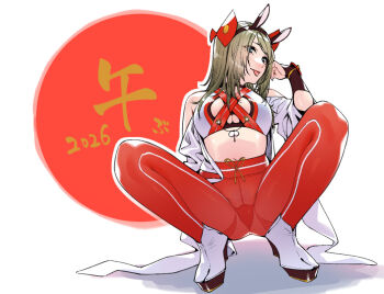 Rule 34 | 1girl, animal ears, blue eyes, breasts, brown hair, bubuzuke, commentary request, fake animal ears, fingerless gloves, gloves, happy new year, horse ears, japanese clothes, looking at viewer, new year, original, short hair, smile, solo, squatting, tongue, tongue out, underwear