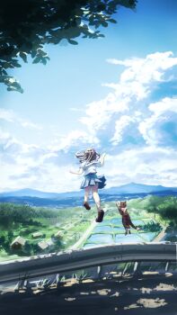 1girl black_hair blue_sky brown_shoes cat cloud cloudy_sky commentary_request dappled_sunlight day flying from_behind full_body grey_skirt guard_rail highres jumping long_hair mountainous_horizon original outdoors pleated_skirt sailor_collar sanmen_(threeface_il) scenery school_uniform serafuku shirt shoes short_sleeves skirt sky solo summer summer_uniform sunlight white_shirt