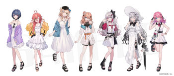 6+girls ahoge aqua_eyes aqua_nails bare_shoulders belt black_belt black_choker black_nails black_sandals black_shorts blonde_hair blue_eyes blue_hair blue_jacket bracelet braid casual choker closed_mouth clothing_cutout collared_dress commentary_request denim denim_jacket double_bun dress earrings eyewear_hang fishnet_sleeves fishnets full_body gradient_hair green_eyes grey_eyes grey_hair grin hair_between_eyes hair_bun hair_ornament hair_over_shoulder hairclip hand_on_own_hip hand_up heterochromia highres holding holding_umbrella idios igarashi_rika ishigami_nozomi jacket jewelry kaburaki_roco koshimizu_toru kuramochi_meruto layered_skirt long_hair looking_at_viewer medium_hair mole mole_under_eye multicolored_hair multiple_girls nail_polish necklace nijisanji o-ring o-ring_thigh_strap official_art one_eye_closed orange_hair orange_nails pink_eyes pink_hair pink_nails purple_eyes purple_jacket red_hair sample_watermark sandals see-through_clothes see-through_jacket shishido_akari short_hair short_shorts short_sleeves shorts shoulder_cutout shugao simple_background single_braid single_hair_bun skirt sleeveless sleeveless_dress smile socks sophia_valentine standing standing_on_one_leg streaked_hair sunglasses thigh_strap toenail_polish toenails toes umbrella unworn_eyewear v very_long_hair virtual_youtuber watermark white_background white_dress white_hair white_jacket white_skirt white_socks yellow_jacket
