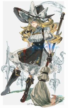 1girl artist_name black_boots black_hat black_skirt blue_eyes blunt_bangs boots bow braid broom dress hair_bow hat hat_bow high_heel_boots high_heels highres holding holding_broom kirisame_marisa oftooon puffy_short_sleeves puffy_sleeves short_sleeves side_braid signature single_braid skirt solo standing suspender_skirt suspenders touhou white_bow white_dress wide_brim witch_hat