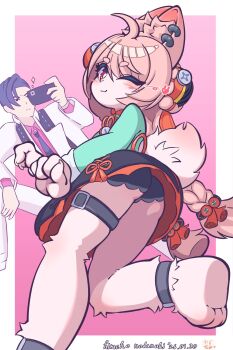 1boy 1girl :3 ahoge animal_ear_fluff animal_ear_piercing animal_ears animal_feet artist_name black_panties blue_hair border braid braided_twintails bright_pupils closed_mouth damian_blackwood dated foot_out_of_frame from_behind furry furry_female green_shirt hair_ornament highres himeko_nodanuki holding holding_phone jacket leg_up loli long_hair o-ring_necktie one_eye_closed panties pants phone pink_background pink_fur pink_hair rabbit_ears rabbit_girl rabbit_tail red_eyes red_shirt screw shirt short_eyebrows short_hair sphere_hair_ornament tail taking_picture thick_eyebrows thigh_strap underwear white_border white_jacket white_pants white_pupils zenless_zone_zero zhao_(zenless_zone_zero)