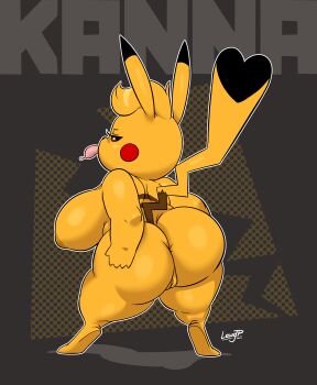 1girl anus anus_peek ass bad_tag big_breasts breasts cosplay_pikachu female female_focus furry gen_1_pokemon hand_on_ass highres huge_ass huge_breasts joaoppereiraus kanna_(joaoppereiraus) looking_at_viewer looking_back markings nintendo nude pikachu pokemon pokemon_(creature) pussy shortstack sideboob signature solo tail tail_markings thick_thighs thighs tongue tongue_out wide_hips