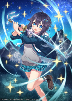 1girl 90kyuuri ahoge black_hair blue_eyes blue_jacket blue_skirt blue_sky blush brown_shoes copyright_notice grey_shirt highres holding holding_sword holding_weapon jacket nijisanji official_art open_mouth shirt shoes short_hair skirt sky solo sorahoshi_kirame star_(sky) starry_sky sword weapon wixoss