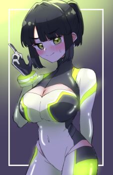 1girl backlighting black_background black_gloves black_hair blunt_bangs blunt_sidelocks blush bodysuit breasts cleavage cleavage_cutout clothing_cutout commentary_request cosplay covered_navel cowboy_shot design_speculation gloves gradient_background green_background grey_bodysuit hair_intakes highres index_finger_raised large_breasts link!_like!_love_live! love_live! momose_ginko momose_ginko_(gaming_event_cosplay) neon_trim othiwo ponytail short_hair short_ponytail sidelocks simple_background solo two-sided_gloves virtual_youtuber white_gloves