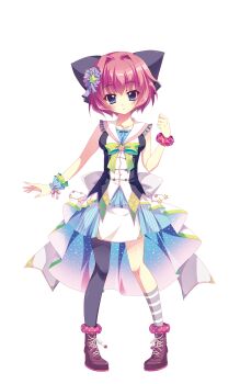 1girl :o ankle_scrunchie asymmetrical_legwear black_pantyhose blue_dress blue_eyes blue_skirt blue_wrist_cuffs boots bow breasts brooch clenched_hand collarbone dot_nose dress full_body green_ribbon grey_socks hair_bow hair_intakes hair_ornament hand_up head_tilt highres hiiragi_kae idol idol_clothes izumi_tsubasu jewelry lace-up_boots large_bow looking_at_viewer medium_breasts mismatched_legwear official_art pantyhose parted_lips pink_hair pink_scrunchie polka_dot polka_dot_scrunchie print_scrunchie print_skirt purple_boots purple_bow re:stage! ribbon scrunchie short_hair simple_background single_wrist_cuff skirt sleeveless sleeveless_dress socks solo star_(symbol) star_brooch star_print striped_bow striped_clothes striped_skirt striped_socks tachi-e transparent_background vertical-striped_clothes vertical-striped_skirt white_skirt wrist_cuffs