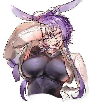 Rule 34 | 1girl, ahoge, animal ears, black bodysuit, bodysuit, breasts, clothes lift, fang, highres, indie virtual youtuber, large breasts, looking at viewer, michi mochievee, one eye closed, open mouth, price tag, purple eyes, purple hair, rabbit ears, short hair, sidelocks, skin fang, sleeplessrhythm, smile, stitched face, stitches, sweater, sweater lift, teeth, tight clothes, upper body, virtual youtuber, white background