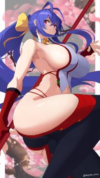 1girl absurdres antenna_hair ass backless_outfit bare_shoulders blazblue blue_hair bow breasts curvy fingerless_gloves gloves hair_between_eyes hair_bow halterneck highres huge_breasts long_hair lowleg lowleg_pants mai_natsume mintotoho navel no_bra outseal pants polearm ponytail revealing_clothes ribbon sideboob sidelocks smile solo spear thick_thighs thighs very_long_hair weapon yellow_bow