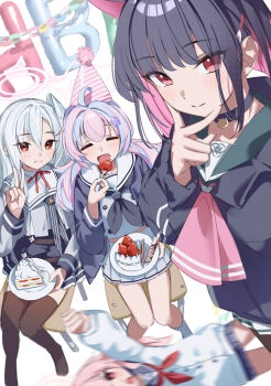 4girls absurdres ahoge animal_ears balloon birthday birthday_cake black_hair black_neckerchief blue_archive blue_hair cake cat_ears cat_girl closed_eyes colored_inner_hair cosplay english_text extra_ears food fork grey_serafuku hair_between_eyes hair_ornament halo happy_birthday hat highres holding holding_fork kazusa_(blue_archive) kazusa_(blue_archive)_(cosplay) letter_balloon long_hair looking_at_viewer multicolored_hair multiple_girls natsu_(blue_archive) neckerchief open_mouth party_hat pink_hair pink_halo pleated_skirt red_eyes reisa_(blue_archive) sailor_collar school_uniform serafuku short_hair skirt smile star_(symbol) star_hair_ornament suzumi_(blue_archive) tamagore v white_hair white_sailor_collar