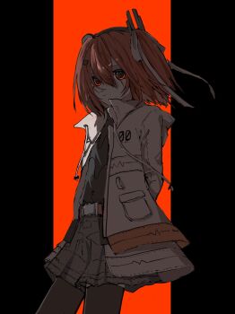 Rule 34 | 1girl, a.i. voice, adachi rei, arms behind back, belt, black pantyhose, black shirt, closed mouth, double-parted bangs, drawstring, floating hair, grey shorts, hair ornament, hairpin, highres, hood, hooded jacket, jacket, l mipa, medium hair, one side up, open clothes, open jacket, orange belt, orange hair, pantyhose, radio antenna, red eyes, ribbon, shirt, shorts, turtleneck, turtleneck shirt, utau, white jacket, white ribbon