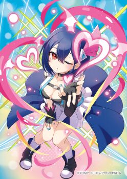 Rule 34 | 1girl, black bra, black choker, black gloves, black shoes, blue hair, blue nails, bra, breasts, character request, choker, cleavage, commentary request, copyright notice, fingerless gloves, gloves, hand on own leg, heart, highres, looking at viewer, medium breasts, nail polish, official art, open mouth, peron (niki2ki884), red eyes, shirt, shoes, shorts, solo, underwear, white shirt, white shorts, wixoss