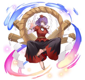 1girl :d artist_request black_skirt breasts full_body game_asset hair_ornament layered_sleeves leaf leaf_hair_ornament long_sleeves looking_at_viewer maple_leaf medium_breasts medium_hair mirror non-web_source official_art onbashira open_mouth purple_hair red_eyes red_skirt rope sandals self-datamine shide shimenawa short_over_long_sleeves short_sleeves simple_background skirt smile solo toes touhou touhou_arcadia_record transparent_background two-tone_skirt yasaka_kanako