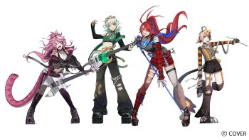 4girls :d :p ahoge animal_ears arm_warmers asymmetrical_legwear azuzatori bass_guitar bilingual_commentary black_boots black_collar black_gloves black_jacket black_pants black_shoes black_shorts black_sleeves black_sports_bra black_vest blonde_hair blue_fire blue_hair boots breasts brown_hair cecilia_immergreen chattino_(raora_panthera) clenched_teeth collar colored_inner_hair commentary copyright_name cropped_shirt denim double-parted_bangs drumsticks electric_guitar elizabeth_rose_bloodflame english_commentary fire fire_on_chest fishnet_top fishnets flat_chest full_body gigi_murin gloves gradient_hair green_eyes green_hair green_shirt grey_hair guitar hair_between_eyes hair_ornament heart heart_necklace highres holding holding_drumsticks holojustice hololive hololive_english huge_ahoge instrument jacket jeans jewelry kneehighs large_breasts leaning_forward legs_apart long_hair looking_at_viewer microphone_stand miniskirt mixed-language_commentary multicolored_hair multiple_girls necklace official_art open_mouth panther_ears panther_girl panther_tail pants parted_lips pink_eyes pink_hair plaid_arm_warmers plaid_clothes plaid_skirt plaid_socks platform_boots platform_shoes ponytail raglan_sleeves raora_panthera red_arm_warmers red_hair red_skirt red_socks see-through_cleavage see-through_clothes shirt shoes short_hair short_shorts shorts sidelocks simple_background single_arm_warmer single_kneehigh single_leg_pantyhose single_sock single_thighhigh skirt smile socks spiked_collar spiked_hair spikes sports_bra standing standing_on_one_leg striped_sleeves tail teeth thighhighs tongue tongue_out torn_clothes torn_pants torn_thighhighs two-tone_hair uneven_legwear very_long_hair vest virtual_youtuber white_background white_streaks winding_key yellow_eyes