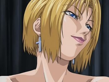 00s 1girl 2006 animated animated_gif anime_screenshot bare_shoulders bible_black bible_black_black_sacrifice bible_black_night_of_the_walpulgiss blonde_hair blue_eyes collarbone cross cross_earrings earrings grin jewelry kitami_reika lipstick makeup nurse school_nurse short_hair smile tagme witch