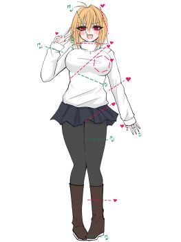 Rule 34 | 1girl, :d, ahoge, arcueid brunestud, arm at side, arm up, black pantyhose, blonde hair, blue skirt, blush, boots, breasts, brown boots, commentary, hair intakes, happy, highres, huge breasts, jewelry, looking at viewer, mcpc zamurai, meme, miniskirt, necklace, open mouth, pantyhose, red eyes, scene reference, skirt, smile, sweater, symbol-only commentary, tsukihime, tsukihime (remake), turtleneck, turtleneck sweater, twitter cutting game, v, white sweater