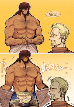 2boys abs askeladd bara beard bjorn_(vinland_saga) blonde_hair blue_eyes blush brown_hair character_print character_print_underwear_(one_piece) couple cowboy_shot dark-skinned_male dark_skin facial_hair full_beard hairy highres huge_pectorals long_hair male_focus male_underwear mature_male multiple_boys muscular muscular_male navel navel_hair nipples no_eyes opened_by_self print_male_underwear short_hair sparkle sparkling_aura sparse_chest_hair standing stomach strongman_waist surprised thick_beard thick_chest_hair thick_eyebrows thick_leg_hair thick_navel_hair topless_male underwear undressing very_hairy vinland_saga xzikill yaoi