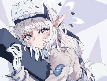 1girl :> ass black_gloves black_hood blue_archive blush bodysuit brown_jacket closed_mouth commentary cowboy_shot cropped_jacket earclip gloves grey_background hair_tubes halo head-mounted_display highres himari_(armed)_(blue_archive) himari_(blue_archive) hood hood_down hooded_jacket jacket long_hair long_sidelocks long_sleeves looking_at_viewer low_twintails lying minami_linli mole mole_under_eye multicolored_eyes multicolored_gloves multicolored_halo multicolored_jacket official_alternate_costume on_stomach parted_bangs patterned_clothing pointy_ears purple_eyes sidelocks simple_background smile solo twintails two-tone_background two-tone_halo white_background white_bodysuit white_gloves white_hair white_halo