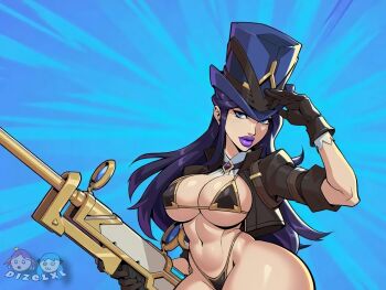 Rule 34 | 1girl, 2xko, arm up, artist name, bikini, black bikini, blue eyes, breasts, caitlyn (league of legends), cleavage, curvy, govel, half-closed eyes, hat, highres, jacket, large breasts, league of legends, legs, long hair, looking at viewer, navel, open clothes, open jacket, purple hair, purple lips, scope, seductive gaze, sideboob, solo, swimsuit, thick thighs, thighs, thong bikini, toned, underboob, wide hips