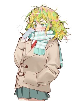 1girl ahha3_good aqua_eyes blonde_streaks blue_gloves blue_scarf blush boku_no_hero_academia brown_jacket colored_eyelashes commentary gloves green_hair green_skirt hagakure_toru hand_in_pocket highres jacket long_hair messy_hair multicolored_hair necktie pink_streaks pleated_skirt red_necktie scarf school_uniform shirt skirt streaked_hair thick_eyelashes u.a._school_uniform white_background white_shirt