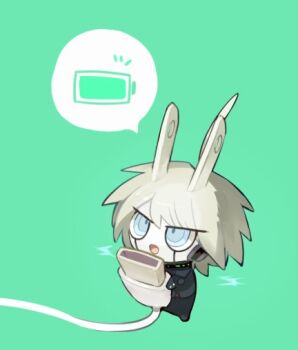 10s 1boy ahoge android battery blue_eyes charger colored_skin danganronpa_(series) danganronpa_v3:_killing_harmony electricity green_background k1-b0 looking_up male_focus mini_person miniboy plug ponkotsu_(inumoyo) short_hair silver_hair simple_background smile solo spoken_battery white_skin