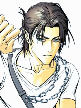 1boy blue_eyes brown_hair chain collarbone eren_yeager highres looking_at_viewer male_focus medium_hair parted_bangs parted_lips shingeki_no_kyojin shirt short_sleeves solo t-shirt updo upper_body white_background white_shirt xiajiuwan