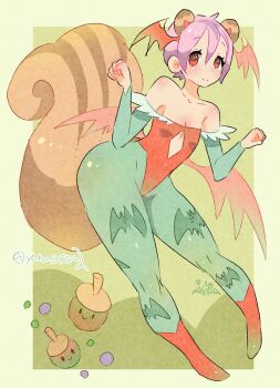 1girl animal_ears aqua_pantyhose aqua_sleeves bare_shoulders capcom closed_mouth collarbone cosplay darkstalkers demon_girl detached_sleeves dot_nose eyelashes female_focus flat_chest full_body green_background hands_up head_wings leotard lilith_(darkstalkers) long_sleeves looking_at_viewer off-shoulder_leotard off_shoulder pantyhose petite purple_hair red_eyes red_leotard short_hair simple_background smile solo squirrel_ears squirrel_tail standing tail w_arms wide_hips wings y.o_(chuchu)