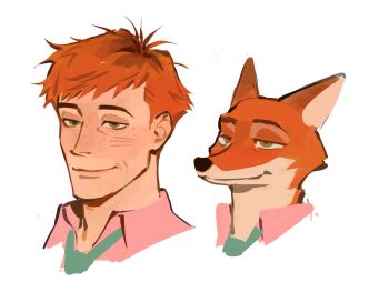 2boys animal_ears closed_mouth collared_shirt commentary cropped_head english_commentary fox_boy fox_ears freckles furry_and_humanization green_eyes green_necktie highres kunnuscumnus light_smile looking_ahead multiple_boys necktie nick_wilde orange_hair pink_shirt shirt short_hair zootopia