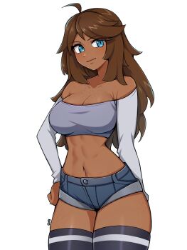 1girl ahoge bare_shoulders black_thighhighs blue_eyes blue_shorts body_freckles breast_freckles breasts brown_hair chest_freckles cleavage closed_mouth collarbone commentary commission cowboy_shot cropped_shirt dark-skinned_female dark_skin double-parted_bangs english_commentary freckles grey_shirt highres large_breasts long_hair long_sleeves looking_at_viewer off-shoulder_shirt off_shoulder oninuer original raglan_sleeves shirt short_shorts shorts shoulder_freckles simple_background smile solo stomach thighhighs thighs white_background