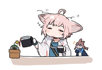 2girls ^^^ accident ahoge amiya_(arknights) animal_ears arknights blue_eyes blue_shirt blush_stickers brown_hair chibi cloak closed_eyes coffee_pot cup domesticated_metal_crab_(arknights) flower_pot fox_ears fox_girl gloves hand_to_own_mouth holding holding_cup hood hood_down long_sleeves looking_at_another maguro_kan material_growth multiple_girls open_mouth oripathy_lesion_(arknights) pink_hair pouring rabbit_ears rabbit_girl shirt short_hair simple_background sleepy squeans sussurro_(arknights) white_background white_cloak white_gloves