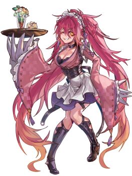 1girl belt black_boots black_choker boots breasts choker claws cleavage dairoku_ryouhei full_body hairband holding holding_tray kai_ri1 knee_boots long_hair long_sleeves one_eye_closed red_hair shishigami_nagflaru solo spiked_hairband spikes standing tray twintails very_long_hair yellow_eyes