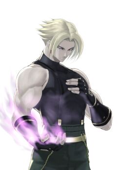 Rule 34 | 1boy, adelheid bernstein, anagumasan, fingerless gloves, gloves, highres, male focus, red eyes, short hair, skin tight, sleeveless, sleeveless turtleneck, snk, solo, suspenders, the king of fighters, turtleneck, white hair