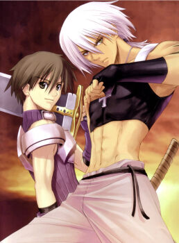 2boys abs backlighting black_eyes black_hair blouse blue_shirt cowboy_shot crop_top cross dark_skin fingerless_gloves from_side gloves gorget hair_between_eyes holding holding_sword holding_weapon jewelry keiner legs_apart low_ponytail male_focus multiple_boys necklace outdoors pendant ponytail scan sega shining_(series) shining_tears shirt sleeveless sleeveless_shirt smile standing sunset sword tony_taka turtleneck v-shaped_eyebrows weapon white_hair xion