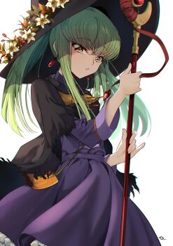 Rule 34 | 1girl, absurdres, black hat, budgiepon, c.c., code geass, commentary request, dress, earrings, flower, gem, green hair, halloween costume, hat, hat flower, highres, holding, holding staff, jewelry, long hair, long sleeves, purple dress, red gem, solo, staff, standing, white background, white flower, witch hat, yellow eyes
