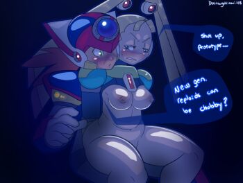 1boy 1girl axl_(mega_man) blush breasts clothed_male_nude_female mega_man_(series) mega_man_x_(series) nipples nude pallette_(mega_man) petite robot_girl