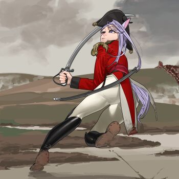 1girl 6+others animal_ears army banner battle battlefield bicorne black_boots black_wrist_cuffs boots british_army cavalry cavalry_sword cloud cloudy_sky coat coattails commentary day dirty dirty_clothes epaulettes flag full_body grey_sky hat highres historical_event holding holding_sword holding_weapon horse_ears horse_girl horse_tail jacket knee_boots long_hair long_sleeves looking_up mejiro_mcqueen_(umamusume) military military_hat military_jacket military_uniform mud multiple_others outdoors overcast pants photo-referenced purple_eyes purple_hair pzkpfwi red_coat red_sash running saber_(weapon) sash scabbard scenery sheath sky smoke soldier solo_focus standing standing_on_one_leg swept_bangs sword tail teeth umamusume union_jack unsheathed war weapon white_pants wrist_cuffs