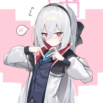 Rule 34 | 1girl, :/, absurdres, aqua necktie, black hairband, black jacket, blue archive, blush, bright pupils, closed mouth, collared shirt, commentary, embarrassed, four-finger heart hands, hair between eyes, hairband, halo, hands up, heart, heart hands, highres, jacket, kei (blue archive), kei (new body) (blue archive), long hair, long sleeves, looking at viewer, multicolored jacket, necktie, nonoka7221, open clothes, open jacket, pink background, pink eyes, pink halo, shirt, simple background, sweatdrop, two-tone jacket, upper body, white background, white jacket, white pupils, white shirt