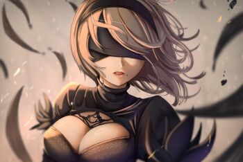 1girl 2b_(nier:automata) black_dress black_feathers black_hairband blindfold blurry blurry_background breasts cleavage cleavage_cutout clothing_cutout commentary dilan_griz dress facing_viewer feathers grey_hair hairband highres large_breasts lips mole mole_under_mouth nier:automata nier_(series) parted_lips short_hair solo swept_bangs turtleneck turtleneck_dress upper_body