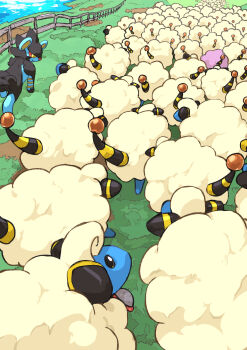 alternate_color aomon_(yuuji7604) day fence gen_2_pokemon gen_4_pokemon grass highres luxray mareep nintendo no_humans outdoors pokemon pokemon_(creature) shiny_pokemon too_many_sheep walking water yellow_eyes