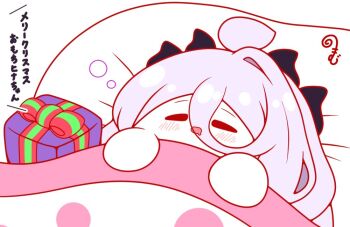 ahoge blue_archive blush box chibi christmas closed_eyes commentary_request drooling facing_viewer gift gift_box grey_hair hina_(blue_archive) horns kurukurumagical lying mouth_drool on_back open_mouth pillow simple_background single_hair_intake sleeping solo translation_request under_covers white_background