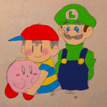 3boys artist_request black_eyes black_hair blue_eyes blushed_face brown_hair carrying child facial_hair gloves green_cap hal_laboratory hat kirby kirby_(series) luigi luinesu male_focus mario_(series) mother_(series) mother_2 multiple_boys mustache ness ness_(mother_2) nintendo overalls red_hat shirt shorts shota source_request striped striped_clothes striped_shirt super_mario_bros._1 super_smash_bros. traditional_media