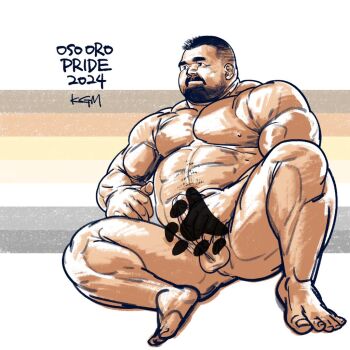 1boy asian bara bear_pride_flag beard_stubble censored completely_nude erection facial_hair fat fat_man goatee large_pectorals lgbt_pride male_focus male_masturbation masturbation mature_male muscular muscular_male nude original osooro paw_print paw_print_pattern pectorals penis raitokagami solo strongman_waist stubble thick_eyebrows thick_thighs thighs undercut unfinished