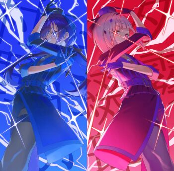 +_+ 2girls absurdres asymmetrical_gloves awoke_(love_live!) belt black_dress black_gloves black_hat black_jacket black_skirt blue_belt blue_eyes blue_gloves blue_hair blue_hat blue_theme bob_cut commentary diffraction_spikes dollchestra dress gloves glowing glowing_eye hat highres jacket jewelry link!_like!_love_live! long_hair long_sleeves looking_at_viewer love_live! multiple_girls murano_sayaka necklace red_eyes red_theme short_hair sidelocks skirt split_screen split_theme sunkeun twintails uneven_gloves upper_body v-shaped_eyebrows yugiri_tsuzuri