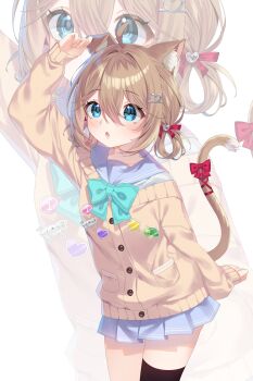 1girl :o absurdres ahoge animal_ear_fluff animal_ears blue_eyes blue_sailor_collar blue_skirt bow bowtie brown_hair cardigan cat_ears cat_girl cat_tail commission cowboy_shot green_bow green_bowtie hair_between_eyes hair_ornament hair_ribbon hairclip hand_on_own_ear hand_up heart heart_hair_ornament highres light_blush lightenbee long_sleeves looking_up medium_hair neuro-sama pleated_skirt red_ribbon ribbon sailor_collar sailor_shirt school_uniform shirt sidelocks single_thighhigh skirt sleeves_past_wrists smile solo star_(symbol) sticker surprised tail tail_bow tail_ornament tail_raised tail_ribbon tareme thighhighs thighs two_side_up vedal987 vedal_ai virtual_youtuber yellow_cardigan zoom_layer