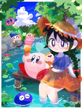 1girl :o ^_^ bandana bandana_waddle_dee black_hair blue_bandana blue_eyes blue_shawl blue_sky blush blush_stickers border bow braid bush character-themed_food closed_eyes closed_mouth cloud commentary_request day dock eyelashes food glasses glunk_(kirby) gooey_(kirby) hair_bow hat highres holding holding_food ice_cream ice_cream_cone kirby kirby_(series) kirby_64 lily_pad long_hair looking_at_viewer nintendo omame_sakana open_mouth orange_skirt outdoors outside_border polof pond purple_eyes red_bow ripple_star_queen round_eyewear shawl sidelocks sitting skirt sky soaking_feet straw_hat sun_hat tree twin_braids wafer_stick water whiskers_(kirby) white_border zero_two_(kirby)