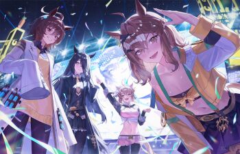 4girls agnes_tachyon_(tach-nology)_(umamusume) agnes_tachyon_(umamusume) ahoge animal_ears bandeau belt black_coat black_gloves black_hair black_leggings black_necktie black_pantyhose black_shirt black_shrug black_skirt blue_skirt blush bow braid breasts brown_belt brown_eyes brown_hair carrot chemical_structure closed_mouth coat collared_shirt confetti cork dantsu_flame_(center_spotlight)_(umamusume) dantsu_flame_(umamusume) ear_covers ear_ribbon ear_tag earrings gloves hair_between_eyes hair_ornament hairclip half_up_braid highres horse_ears horse_girl horse_tail jacket jewelry jungle_pocket_(champion's_battle_cry)_(umamusume) jungle_pocket_(umamusume) lab_coat large_breasts leggings leggings_under_shorts long_bangs long_hair long_hair_between_eyes long_sleeves looking_at_viewer manhattan_cafe_(creeping_shadow)_(umamusume) manhattan_cafe_(umamusume) medium_hair midriff multicolored_hair multiple_girls navel necktie open_clothes open_mouth pantyhose pink_shirt pink_shorts red_eyes shirt short_necktie shorts shrug_(clothing) single_earring skirt sleeves_past_fingers sleeves_past_wrists small_breasts smile stomach sweat sweater sweater_vest tail teeth test_tube tied_shirt umamusume umamusume:_beginning_of_a_new_era white_coat white_hair white_shirt wolf_cut xiisalt yellow_bandeau yellow_eyes yellow_jacket yellow_necktie yellow_sweater yellow_sweater_vest